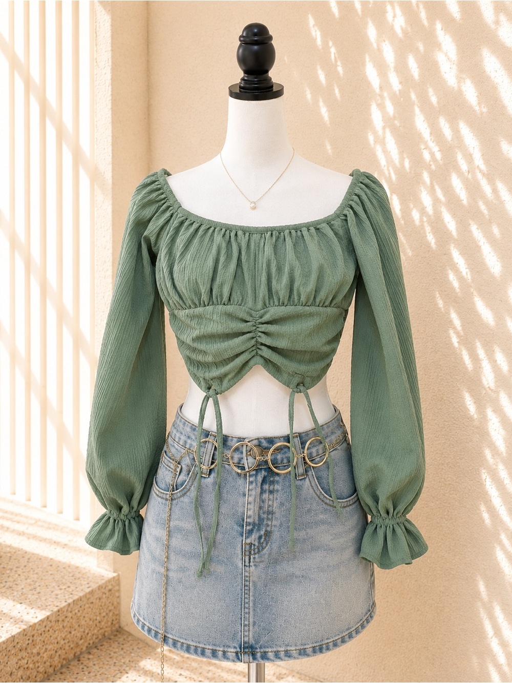 ASOS DESIGN Sage Green Ruched Long Sleeve Crop Top Size US 4